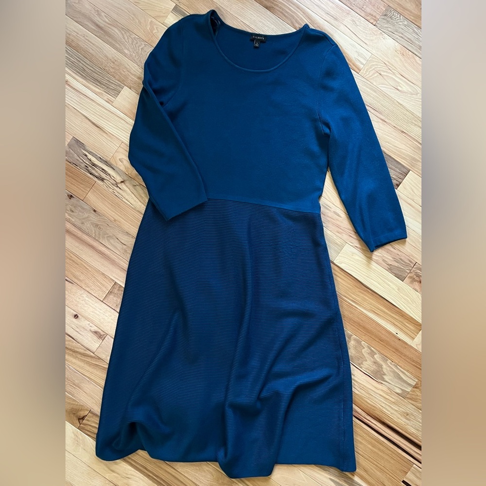 Talbots Dark Blue Jersey & Ribbed Knit Long Sleeve Dress